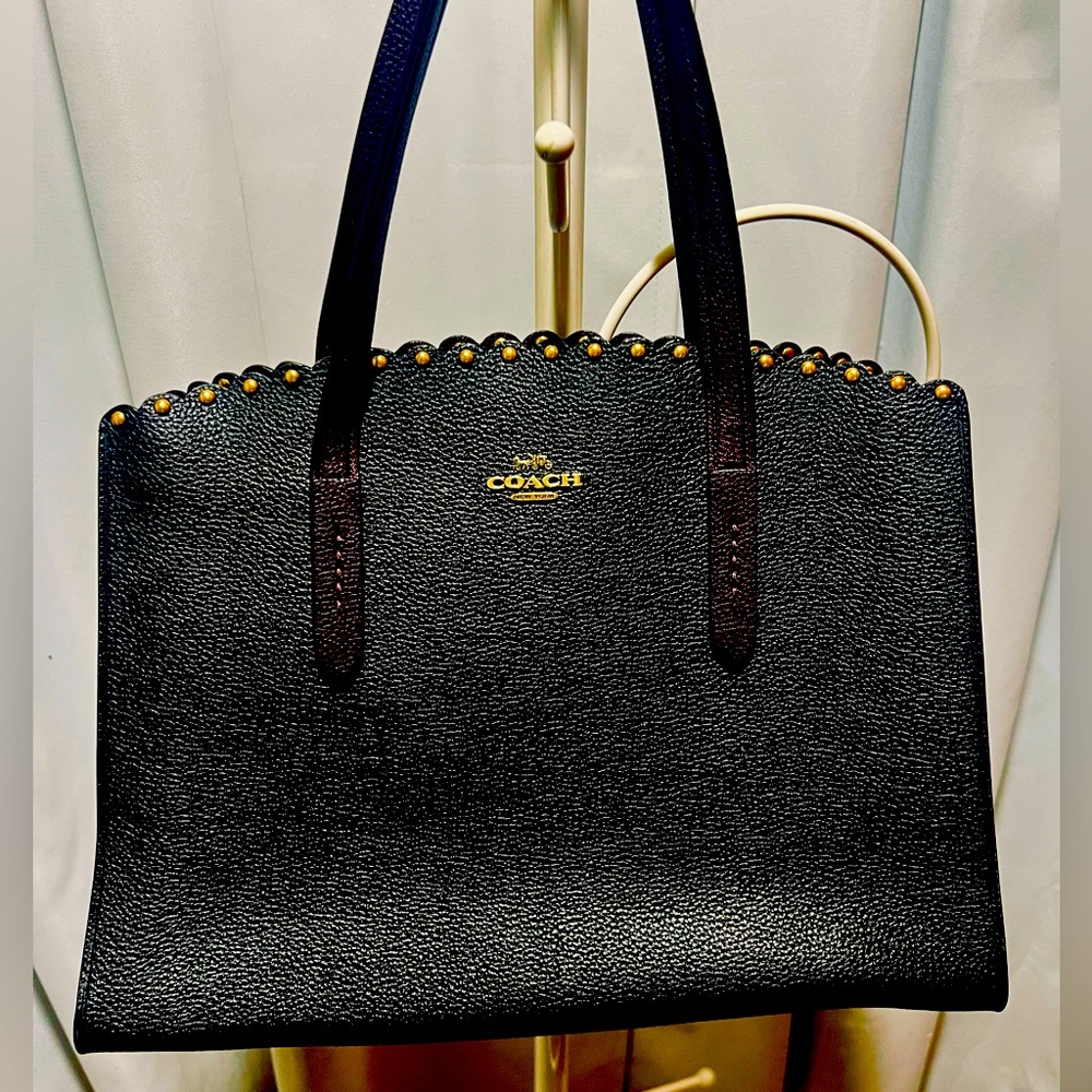 Coach Charlie Carryall Black Tote with Brown Handles and Scalloped  rivets - Picture 9 of 16
